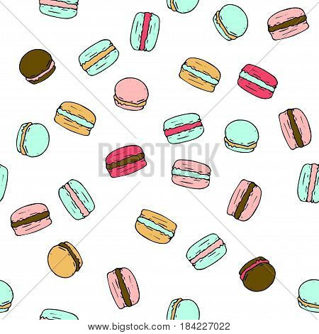 Seamless vector pattern with doodle sweet french macarons. Color illustration of cute desserts.
