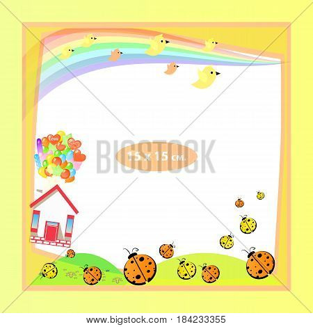 Photo frame for a child. Illustrations for your design. Format for standard photo printing. Format standard photo. square. Yellow frame. Ladybugs are flying