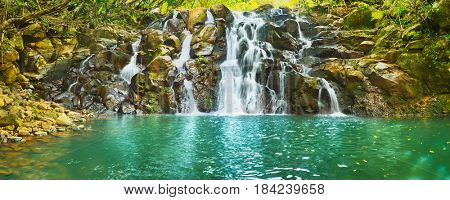 Scenic Cascade Vacoas waterfall. Mauritius island. Panorama