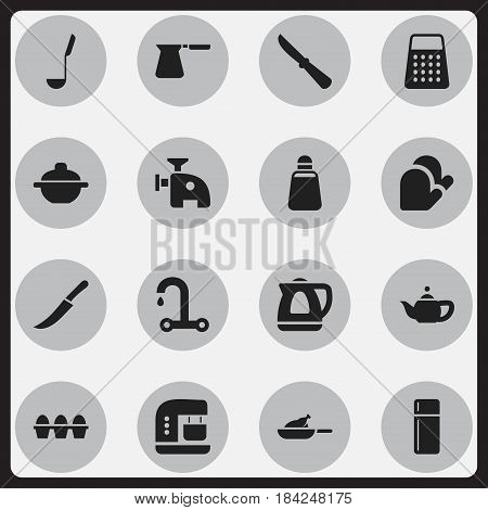 Set Of 16 Editable Meal Icons. Includes Symbols Such As Kitchen Glove, Meat Grinder, Refrigerator And More. Can Be Used For Web, Mobile, UI And Infographic Design.