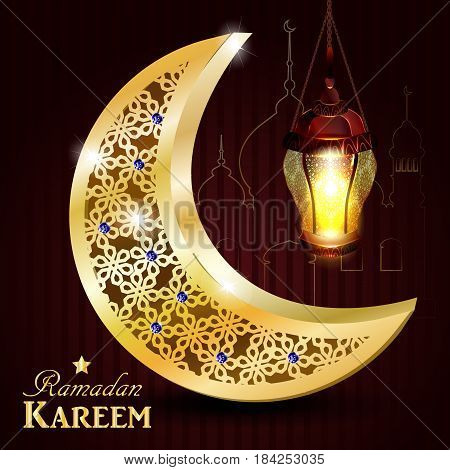 Ramadan greetings gold moon on a dark background with maroccan lantern