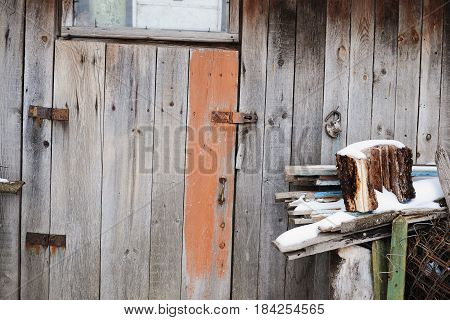 Ancient Closed And Forgotten Doorway. Old Wooden Door Background