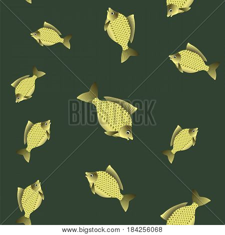 Set of Fish Isolated on Green Background. Carp Seamless Pattern