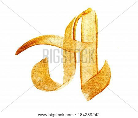 Letter A with gold gilden acrylic paint brush on white background.
