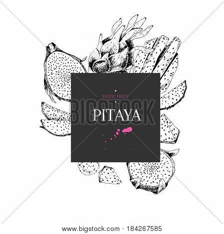 Vecotr hand drawn smoothie bowls poster. Exotic engraved fruits. Square border composition. Piataya whole half slices and balls. Use for exotic restaurant food partty