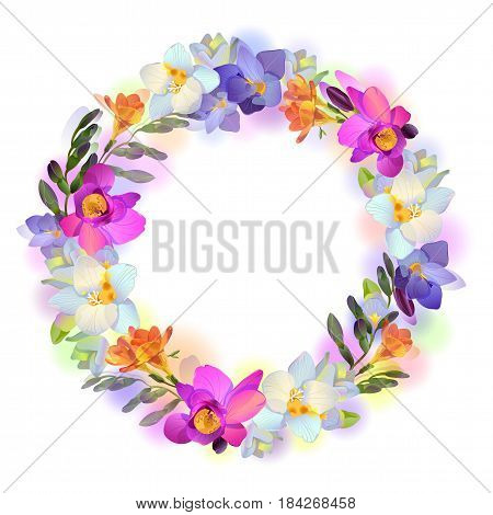 Vector greeting or invitation card with beautiful pictorial freesia flowers in the round garland on the white background with empty place for your text.