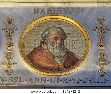 ROME, ITALY - SEPTEMBER 05: Pope Marinus II, was Pope from 30 October 942 to his death in 946. in the basilica of Saint Paul Outside the Walls, Rome, Italy on September 05, 2016.