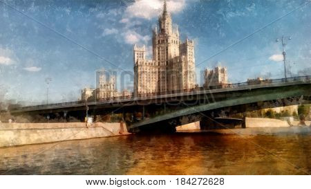 Skyscraper On The Waterfront Promenade. Moscow Sights, View From The Moskva River, Watercolor Drawin