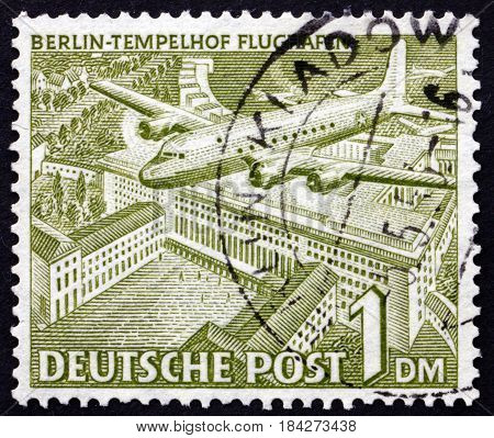GERMANY - CIRCA 1949: a stamp printed in the Germany shows Airplane over Tempelhof Airport Berlin circa 1949