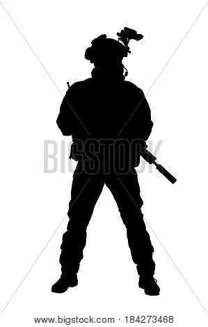 Security forces silhouette with weapon. Studio shot