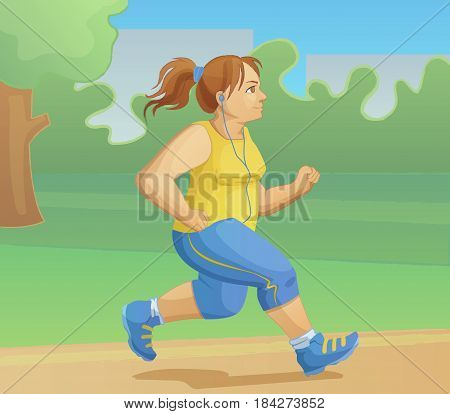 Overweight girl is jogging. Morning scamper in the park. Cartoon vector illustration