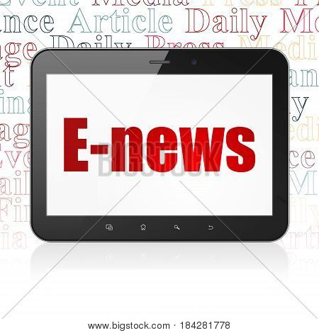 News concept: Tablet Computer with  red text E-news on display,  Tag Cloud background, 3D rendering