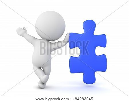 3D Character leaning on blue jigsaw puzzle piece. A playful image with a blue puzzle piece.