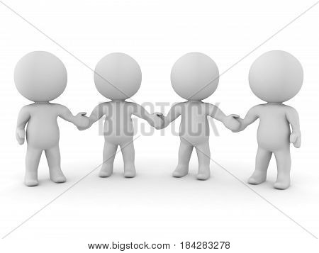 Four 3D Characters holding hands. Image can symbolize strengh in numbers and unity.