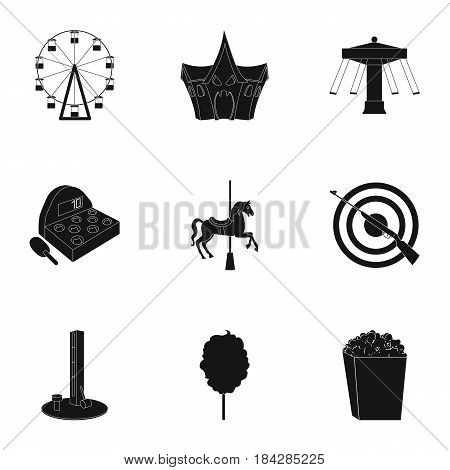 The amusement Park rides. The attributes of a recreational Park, panic room, cotton candy.Amusement Park icon in set collection on black style vector symbol stock web illustration.