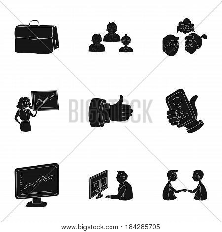 A set of pictures about the transaction, work, office. Office center, analytics.Business conference and ntgotiations icon in set collection on black style vector symbol stock web illustration.