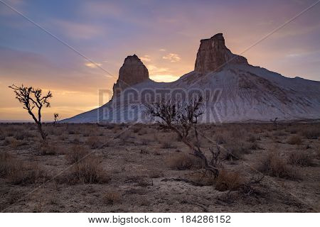 Sunset in the desert canyon of Boszhira, chines of Ustyurt, Kazakhstan