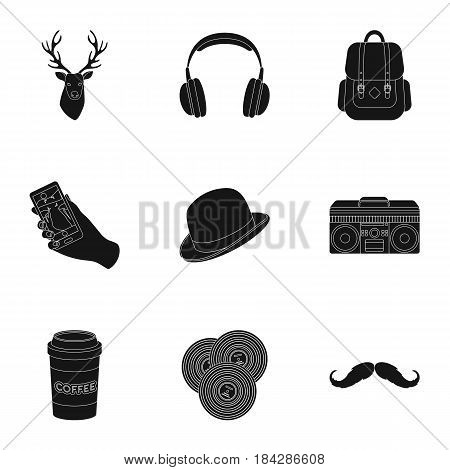 A set of icons about the style of a hipster. A peculiar youth style. Hipster style icon in set collection on black style vector symbol stock web illustration.
