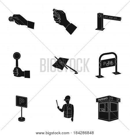 A set of icons for parking cars and bicycles. Fines and elements of parking.Parking zone icon in set collection on black style vector symbol stock web illustration.