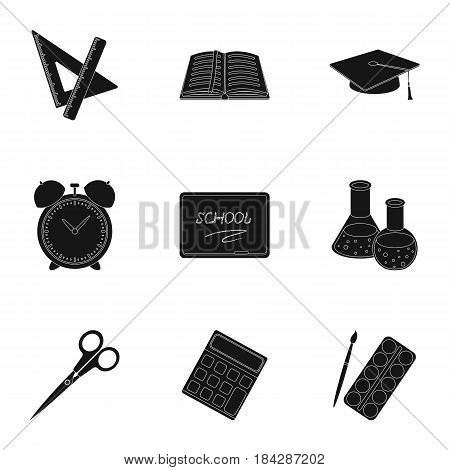 Set of pictures about the school. Study training. Supplies for school.Outfit of the student. School and eduacation icon in set collection on black style vector symbol stock web illustration.