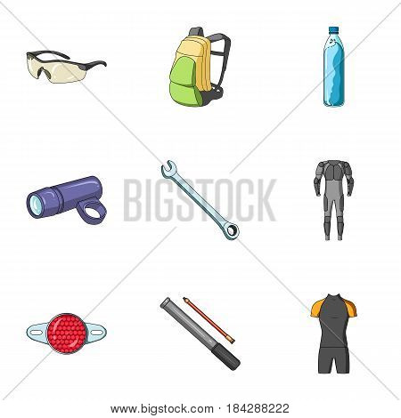 Icons of Cycling, bike. Set for bike, backpack protection, repair, form. Cyclist outfit icon in set collection on cartoon style vector symbol stock web illustration.