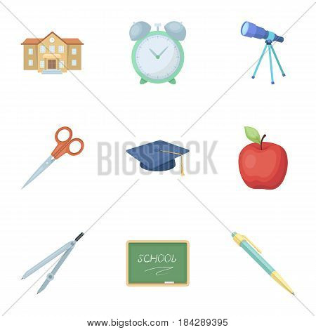 Set of pictures about the school. Study training. Supplies for school.Outfit of the student. School and eduacation icon in set collection on cartoon style vector symbol stock web illustration.