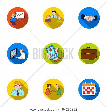 A set of pictures about the transaction, work, office. Office center, analytics.Business conference and ntgotiations icon in set collection on flat style vector symbol stock web illustration.