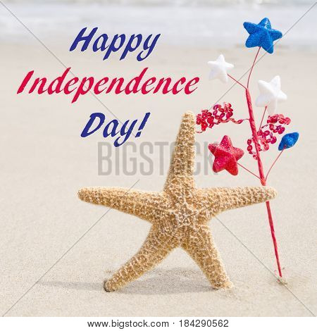 IIndependence Day USA background on the sandy beach near the ocean/ American Patriotic comcept square Instagram format