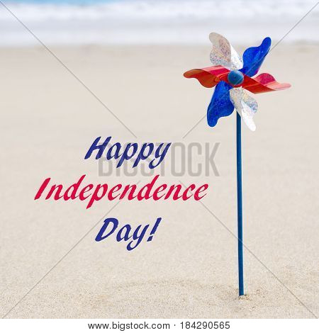Independence Day USA background on the sandy beach near the ocean/ American Patriotic comcept square Instagram format
