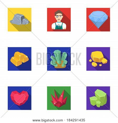 A set of jewelry, crystals, minerals and expensive metals. The jeweler inspects the ornaments.Precious minerals amd jeweler icon in set collection on flat style vector symbol stock web illustration.