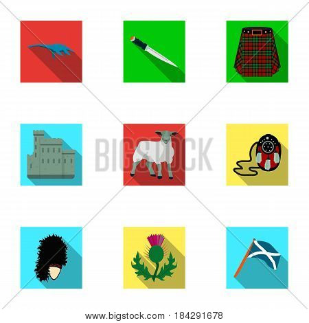 National symbols of Scotland. Scottish attractions. Scotland country icon in set collection on flat style vector symbol stock web illustration.