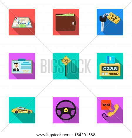 Set of icons about the taxi. A call taxi driver, Parking. Transportation around the city.Taxi icon in set collection on flat style vector symbol stock web illustration.