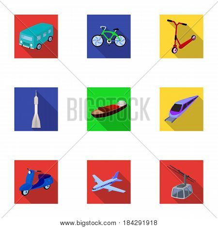 Set of pictures about types of transport. Transportation of people, cargo. Ground, underwater, air transport. Transport icon in set collection on flat style vector symbol stock web illustration.