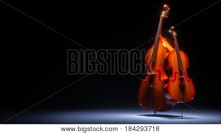 Double bass and cello in dark studio. 3d illustration