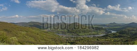 Panorama view from Skalky point over Labe river in spring cloudy day