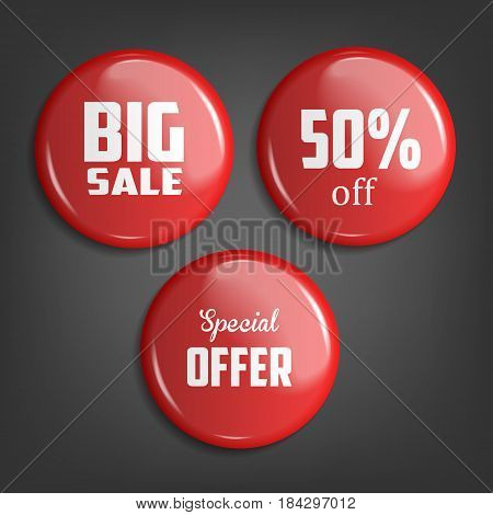 Set of glossy sale buttons or badges. Product promotions. Big sale special offer Vector illustration