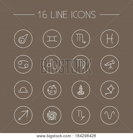 Set Of 16 Astronomy Outline Icons Set.Collection Of Virgo, Asteroid, Astrologer And Other Elements.