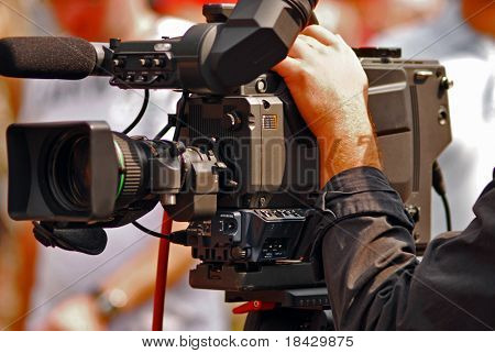 TV transmission on line. Professional video camera.