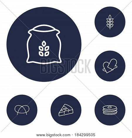 Set Of 6 Stove Outline Icons Set.Collection Of Pretzel, Gloves, Pizza And Other Elements.