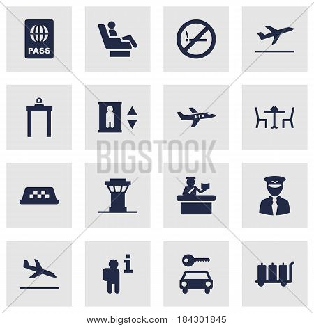 Set Of 16 Aircraft Icons Set.Collection Of Security, Data, Metal Detector And Other Elements.