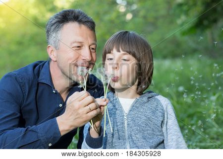 Man with his son blowing dandelions over blurred green grass, summer nature outdoor