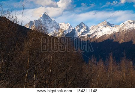 View of the four peaks of Mount Siguniang covered with snow in Sichuan China