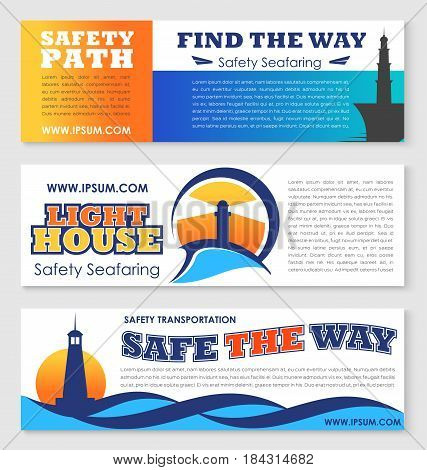 Sea transportation safety, nautical navigation banner set. Lighthouse tower badges with ocean waves and text layout for marine travel, safety seafaring concept design