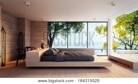The Modern Bedroom -  Sea view for vacation and summer 
/ 3d rendering interior