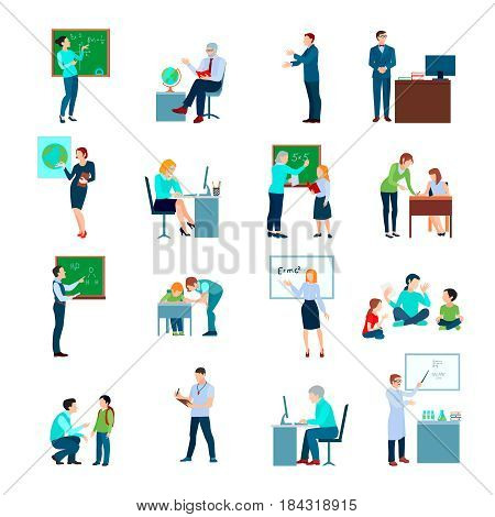 School teacher colored icons set with teacher at blackboard and pupils at desk flat isolated vector illustration