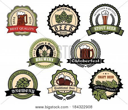 Beer alcohol drink label set. Craft brewery badge with glass of beer, ale or lager, hop branches with green leaf and cone, wheat ear on round seal with ribbon banner. Pub, bar and Oktoberfest design