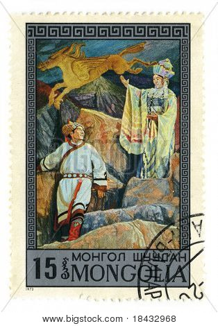 Mongolei circa 1973: eine Briefmarke gedruckt in der Mongolei zeigt Bild der mongolischen Epen circa 1973.