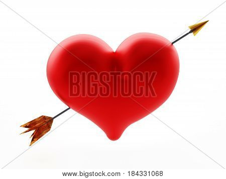 Arrow through heart. 3D illustration isolated on white background.