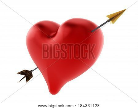 Arrow through heart. 3D illustration isolated on white background.