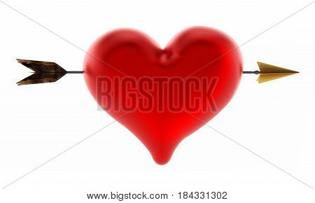 Arrow through heart. 3D illustration isolated on white background.